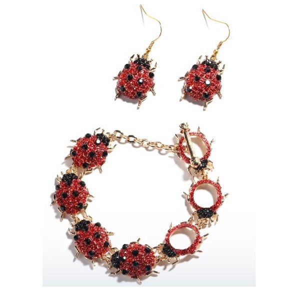 Jewelry - #23 Red and Black Austrian Crystal Ladybug 6.5 inch Bracelet and Earring Set